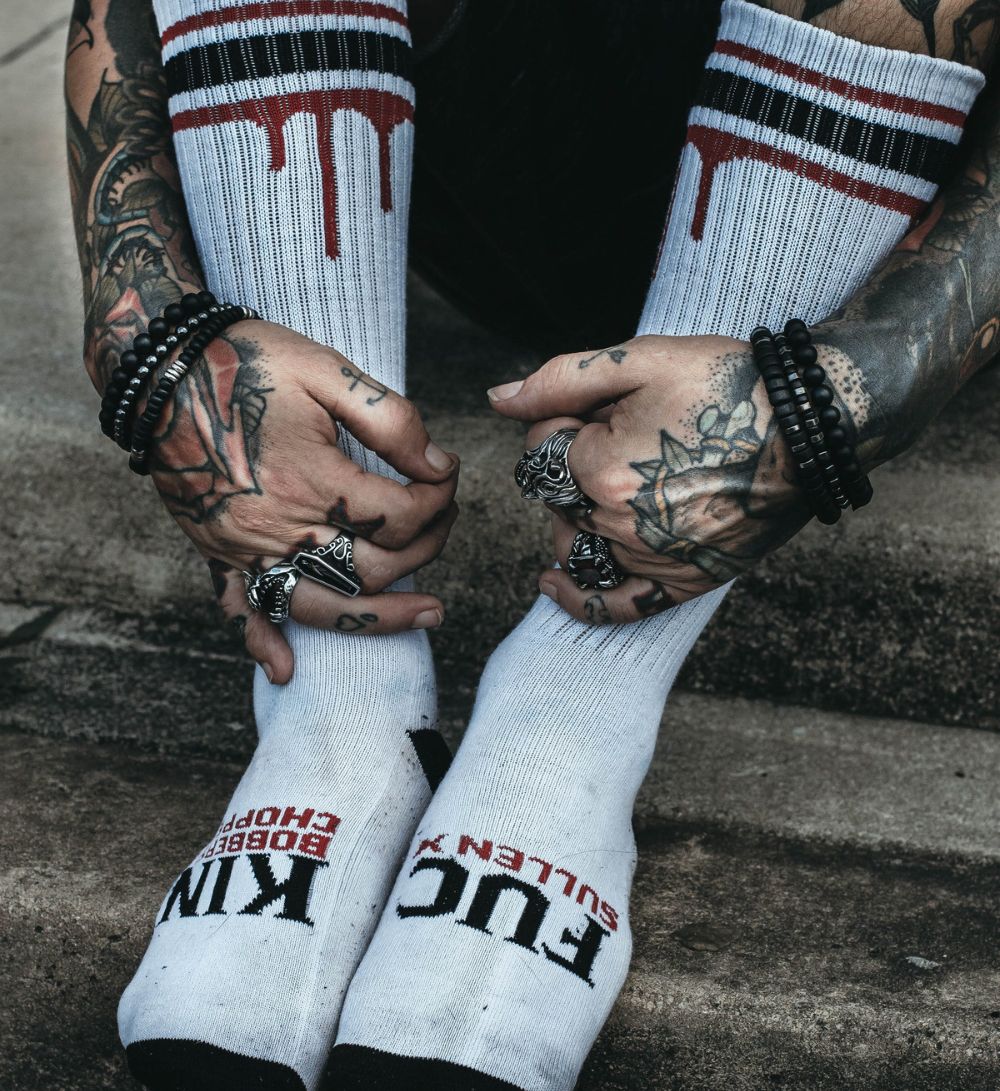 DON'T DIE HIGH SOCKS WHITE RED